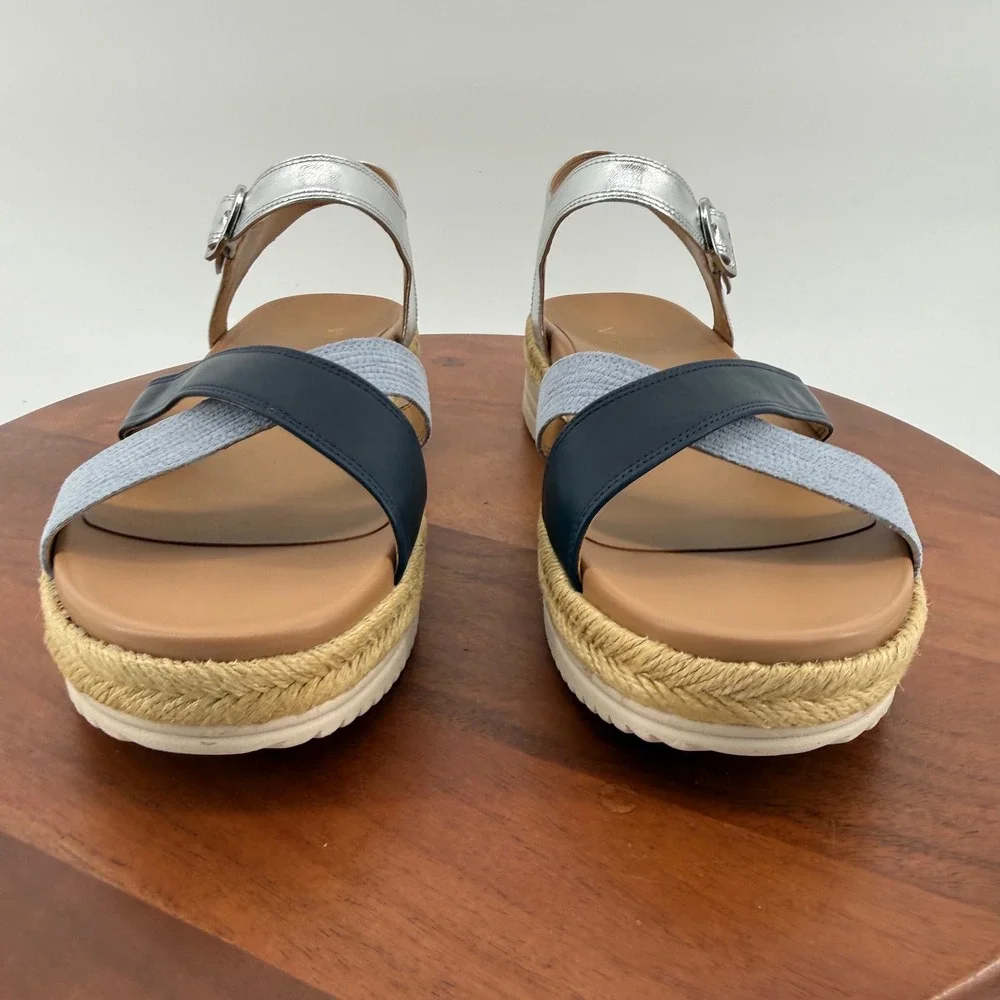 Vionic Mar Navy Multi Leather Platform Espadrille Orthotic Sandals Womens 11M